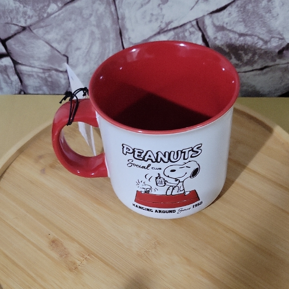 Peanuts   Double Sided Mug Red  and White Hanging Around Since 1950